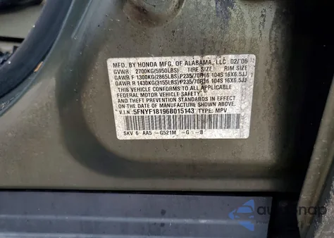 2006 Honda Pilot Lx z USA, uszkodzony, nr VIN 5FNYF18196B015143